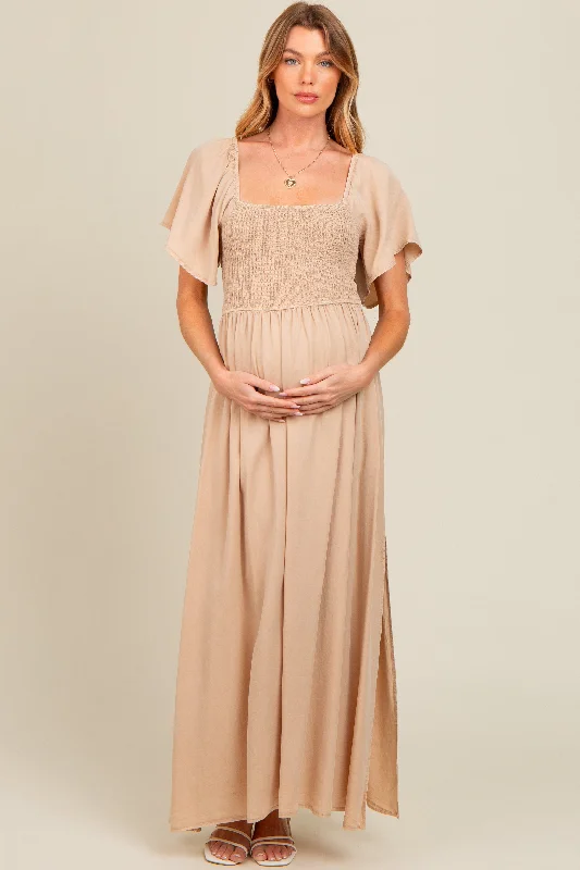 Beige Chambray Smocked Maternity Maxi Dress