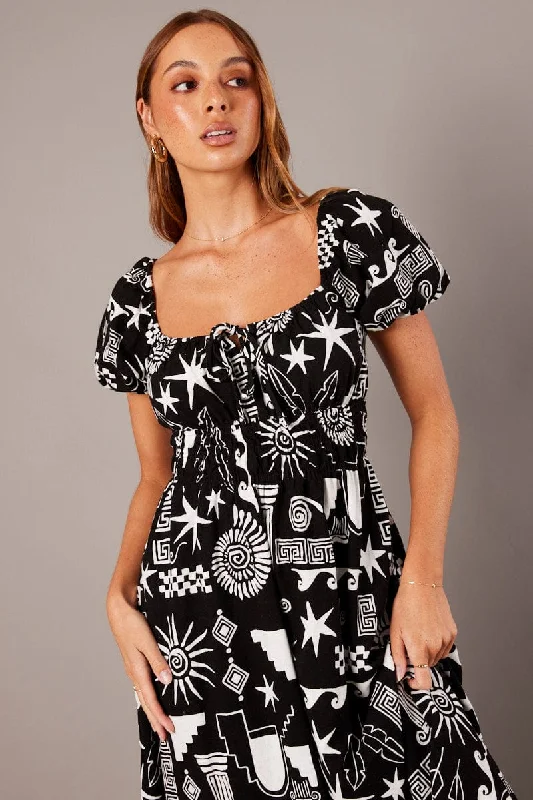 Black Abstract Midi Dress Short Sleeve Ruched Bust