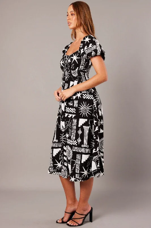 Black Abstract Midi Dress Short Sleeve Ruched Bust