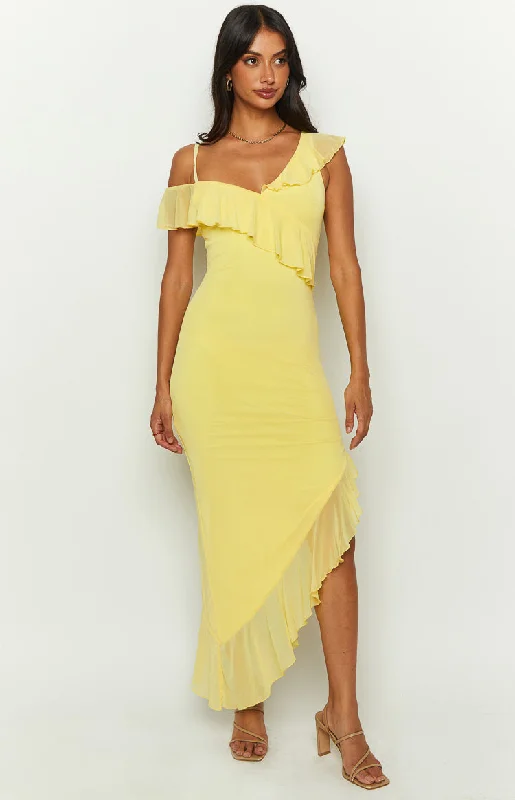 Everleene Yellow Ruffle Mesh Midi Dress