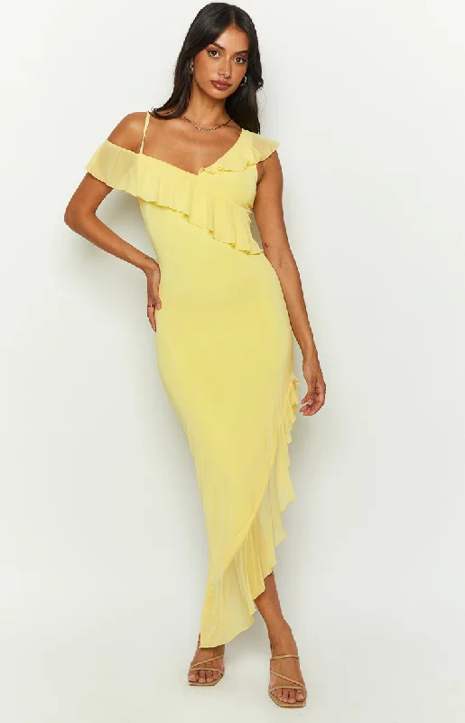 Everleene Yellow Ruffle Mesh Midi Dress