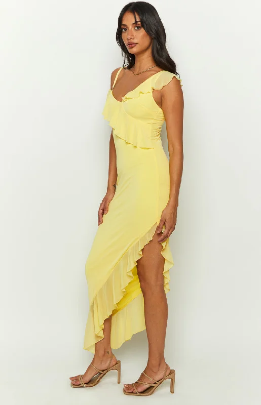 Everleene Yellow Ruffle Mesh Midi Dress