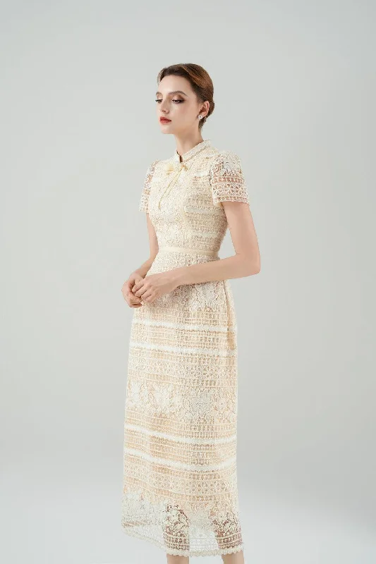 Giovanna Sheath Mandarin Neck Lace Midi Dress