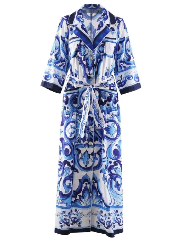 Kim Short Sleeve Shirt Print Midi Dress - Blue Print