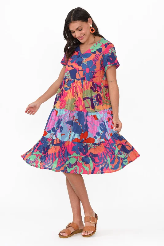 Lania Blue Tropical Crinkle Cotton Dress