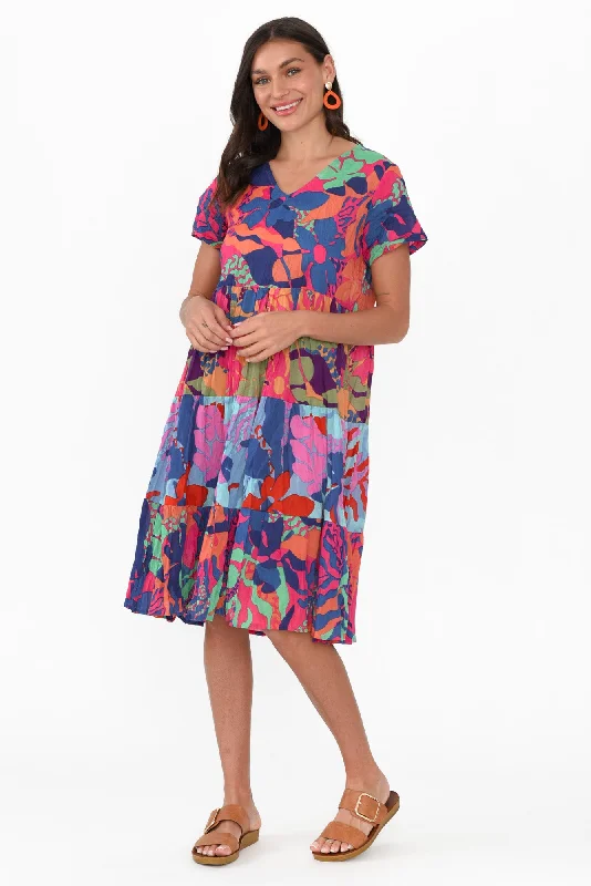 Lania Blue Tropical Crinkle Cotton Dress