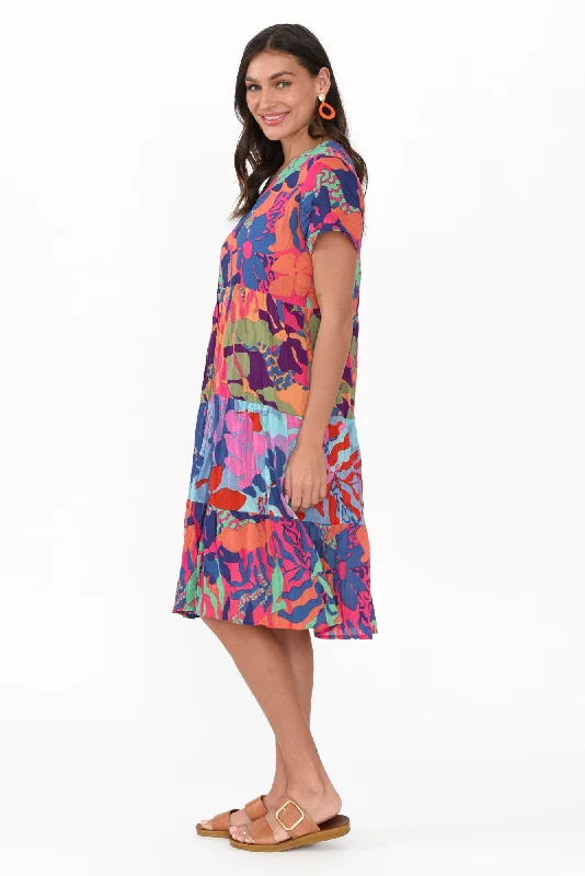 Lania Blue Tropical Crinkle Cotton Dress