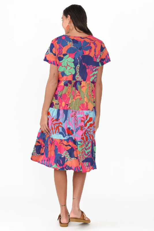 Lania Blue Tropical Crinkle Cotton Dress