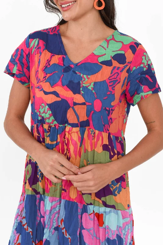 Lania Blue Tropical Crinkle Cotton Dress