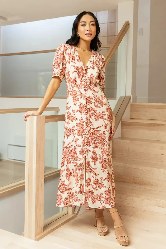 Lia Floral Midi Dress in Rust