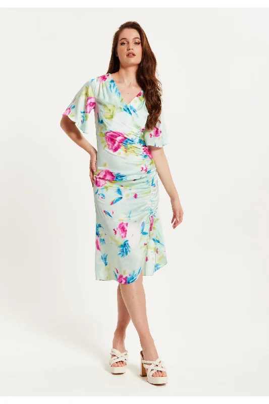 Liquorish Midi Wrap Dress With Floral Print In Mint Green