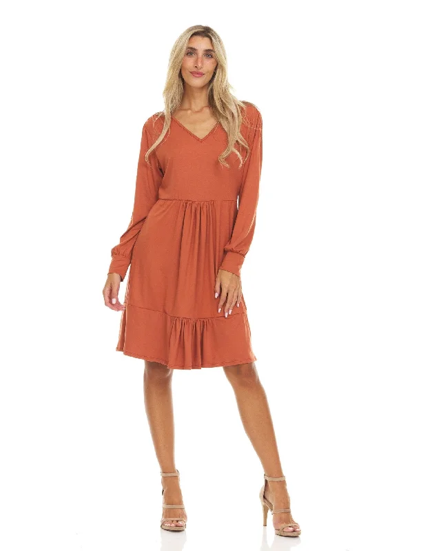 Long Sleeve Solid Color V-Neck Multi Tiered Midi Dress