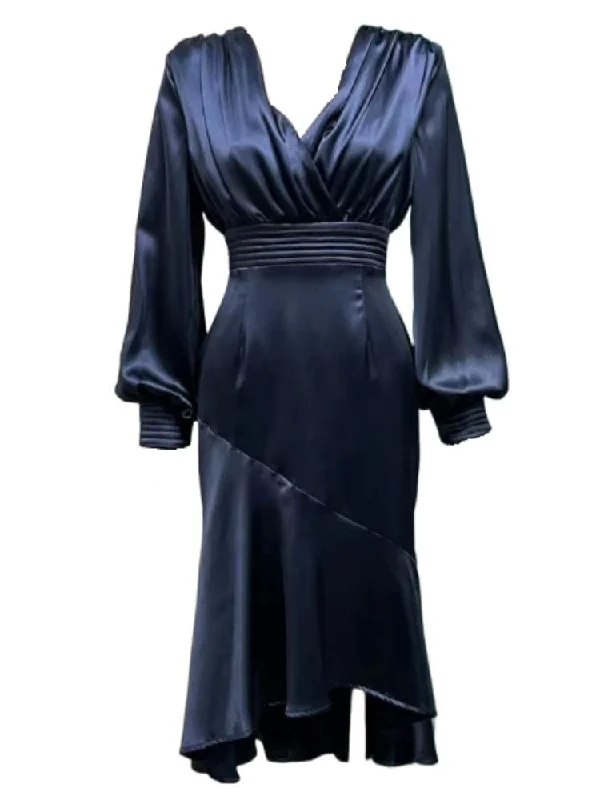 Mira V Neck Long Sleeve Midi Dress - Midnight Blue