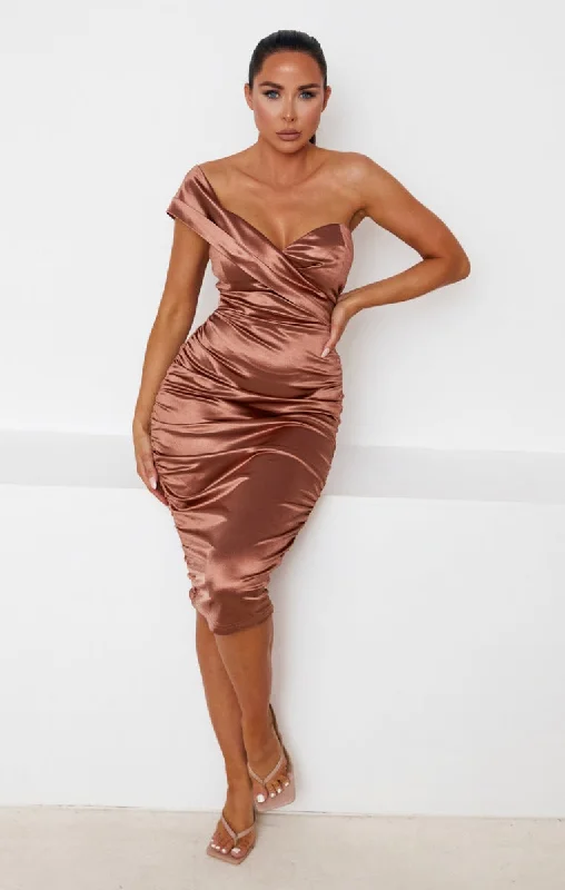 Mocha Satin Ruched One Shoulder Sweetheart Neckline Bodycon Midi Dress - Rae