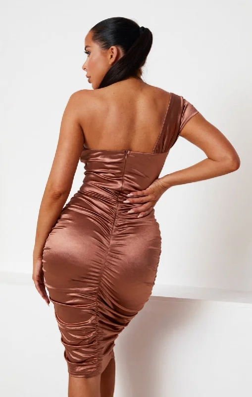 Mocha Satin Ruched One Shoulder Sweetheart Neckline Bodycon Midi Dress - Rae