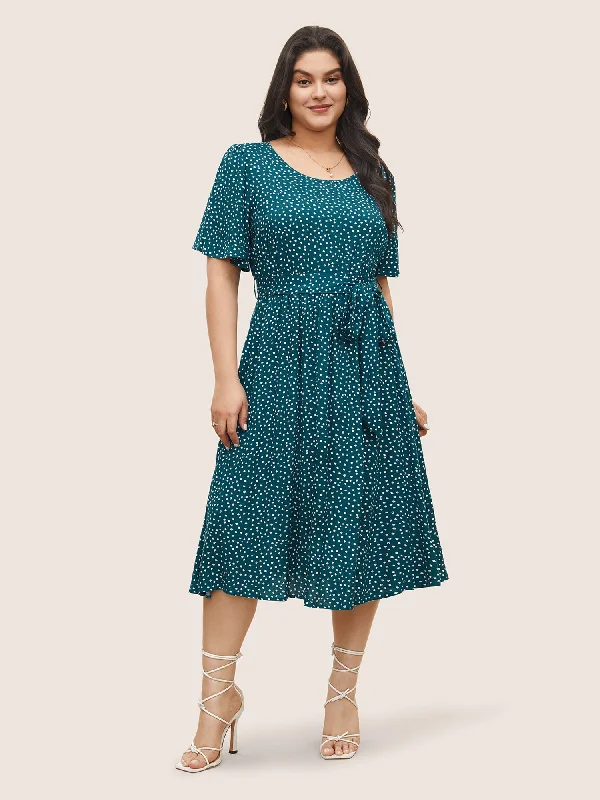 Polka Dot Belted Flutter Sleeve Crew Neck Dress