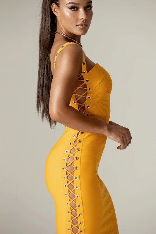 Rebecca Bandage Lace Up Midi Dress (Sun Orange)