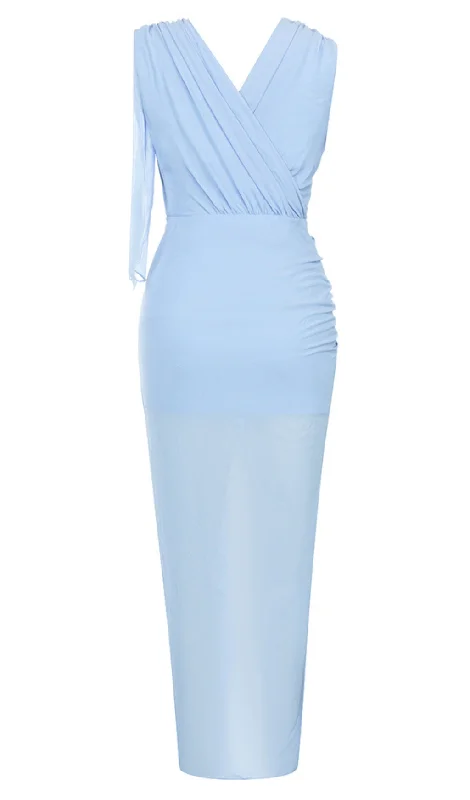 RUFFLE V-NECK MIDI DRESS IN TRANQUIL OCEAN