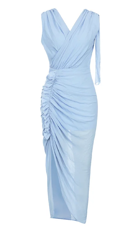 RUFFLE V-NECK MIDI DRESS IN TRANQUIL OCEAN