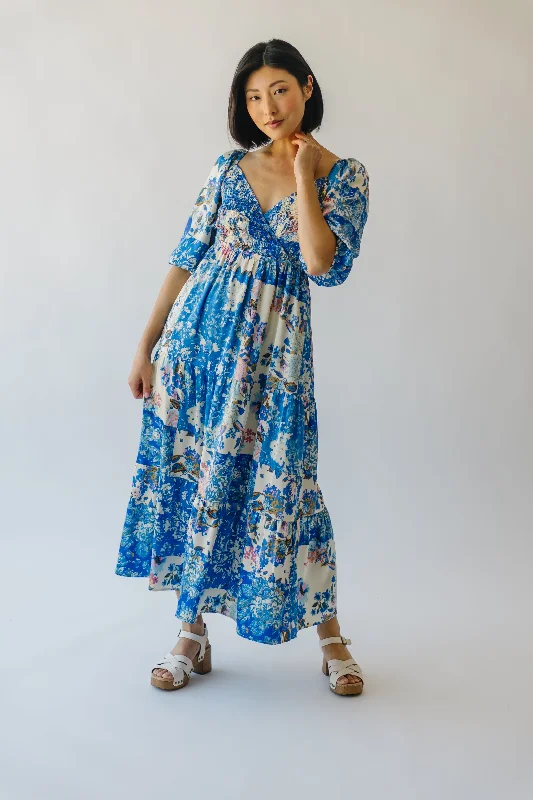 The Stefano Patchwork Satin Midi Dress in Blue Multi