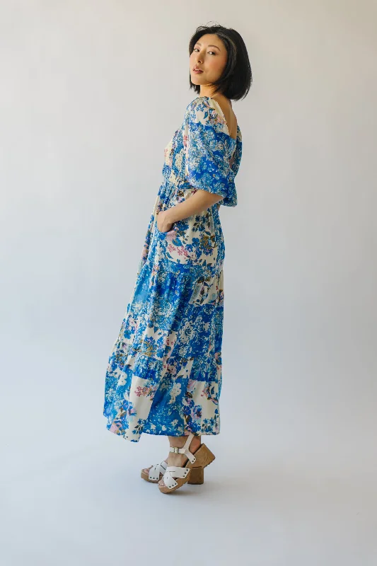 The Stefano Patchwork Satin Midi Dress in Blue Multi