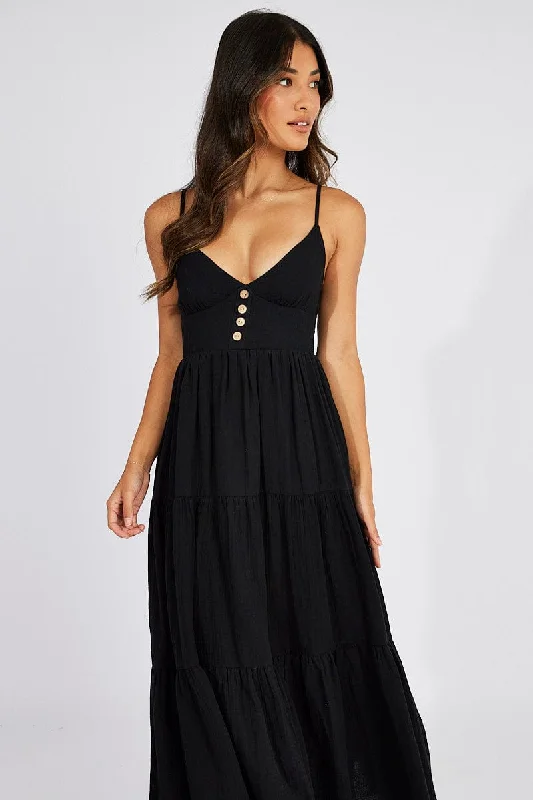 Black Abstract Midi Dress Sleeveless V-Neck