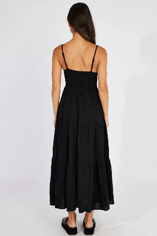 Black Abstract Midi Dress Sleeveless V-Neck