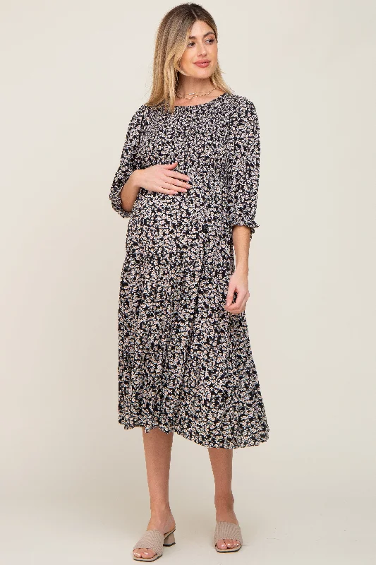 Black Floral Smocked 3/4 Sleeve Maternity Midi Dress