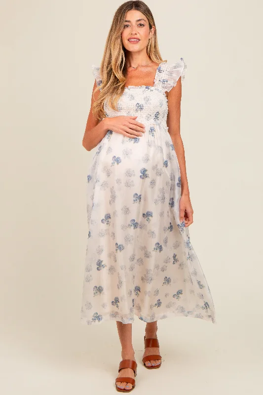 Blue Floral Smocked Maternity Midi Dress