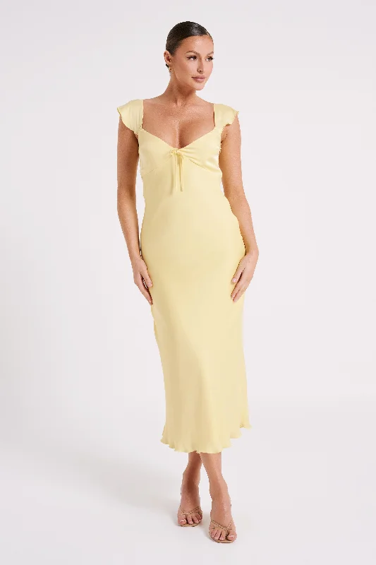 Chantal Short Sleeve Satin Midi Dress - Yellow