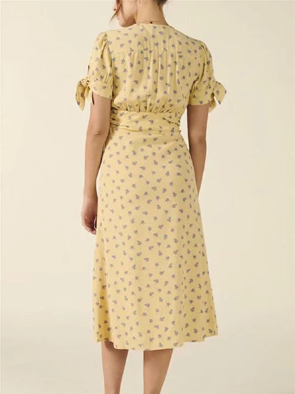 Charming Front Button Tea Dress In Yellow & lavender Print