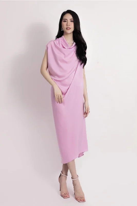 Dante Straight Asymmetric Sleeved Satin Midi Dress