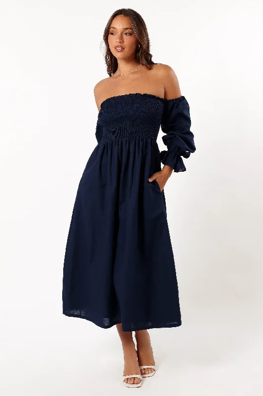 Domenica Shirred Long Sleeve Dress - Navy