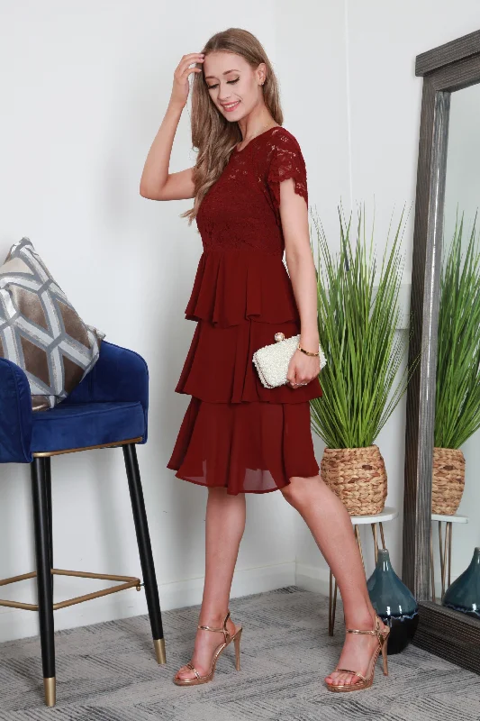 Double Second Burgundy Red Tiered Lace Dress