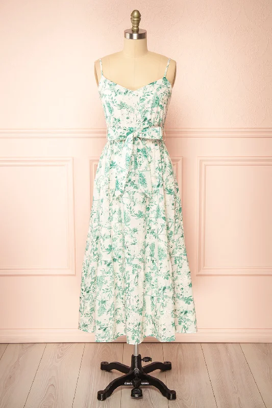 Edeline | Green Floral Openwork Midi Dress