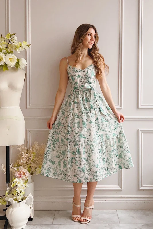 Edeline | Green Floral Openwork Midi Dress