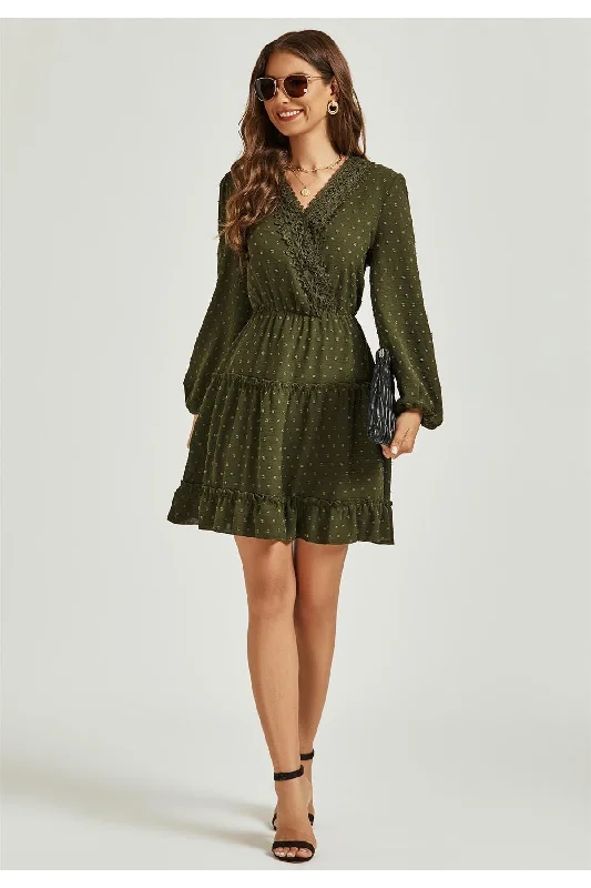 FS Collection Long Sleeve Lace Detail Wrap Style Tulle Frill Mini Dress In Olive Green