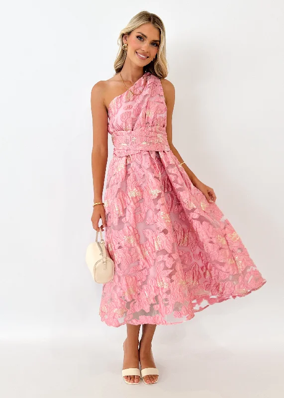 Gellina One Shoulder Midi Dress - Candy Pink Jacquard