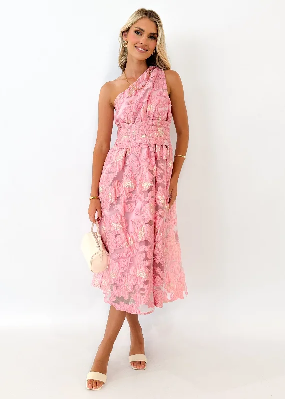 Gellina One Shoulder Midi Dress - Candy Pink Jacquard