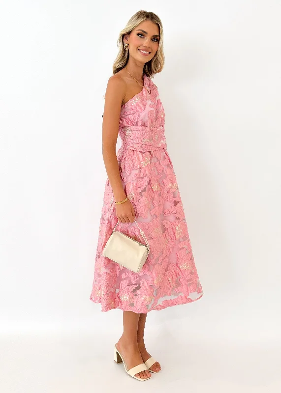 Gellina One Shoulder Midi Dress - Candy Pink Jacquard