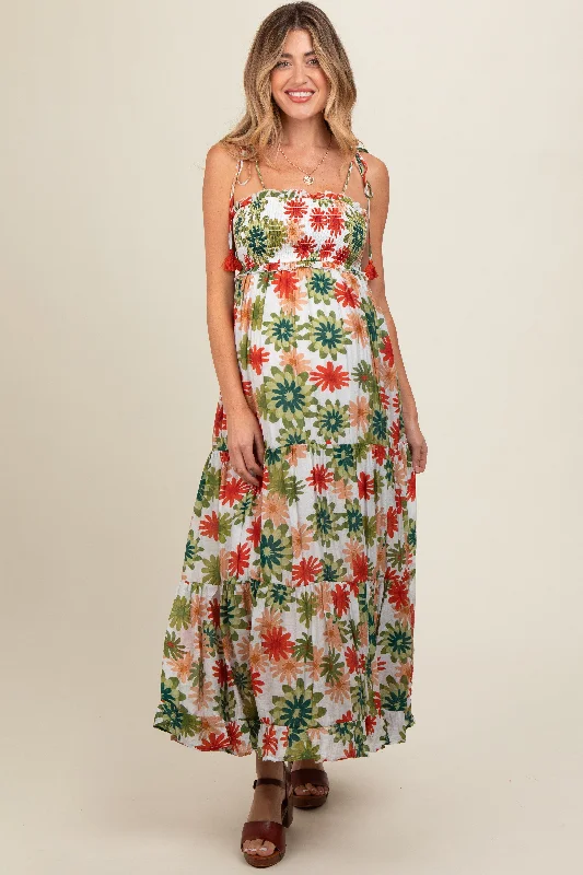 Green Floral Smocked Shoulder Tie Maternity Maxi Dress