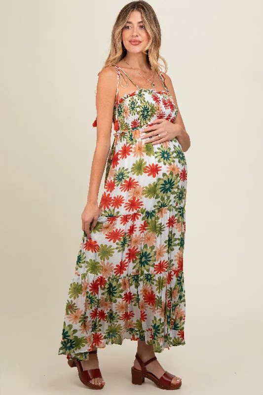 Green Floral Smocked Shoulder Tie Maternity Maxi Dress