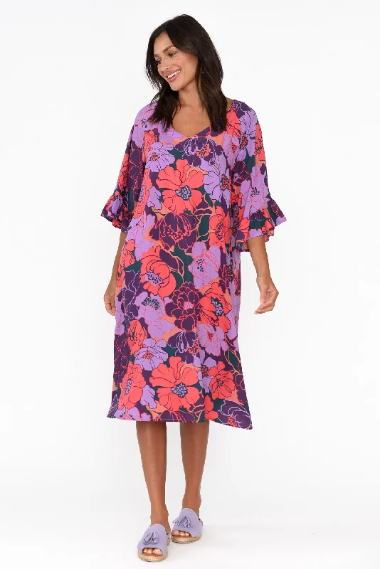 Julien Purple Garden Frill Sleeve Dress