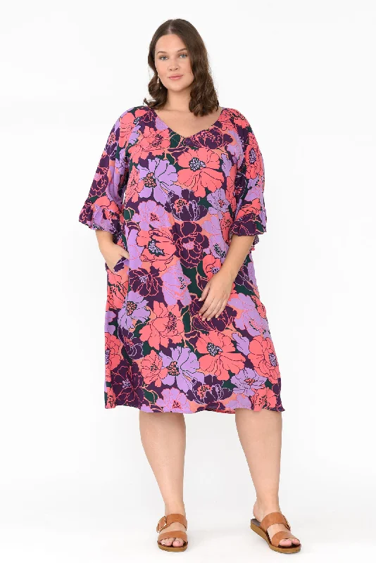 Julien Purple Garden Frill Sleeve Dress