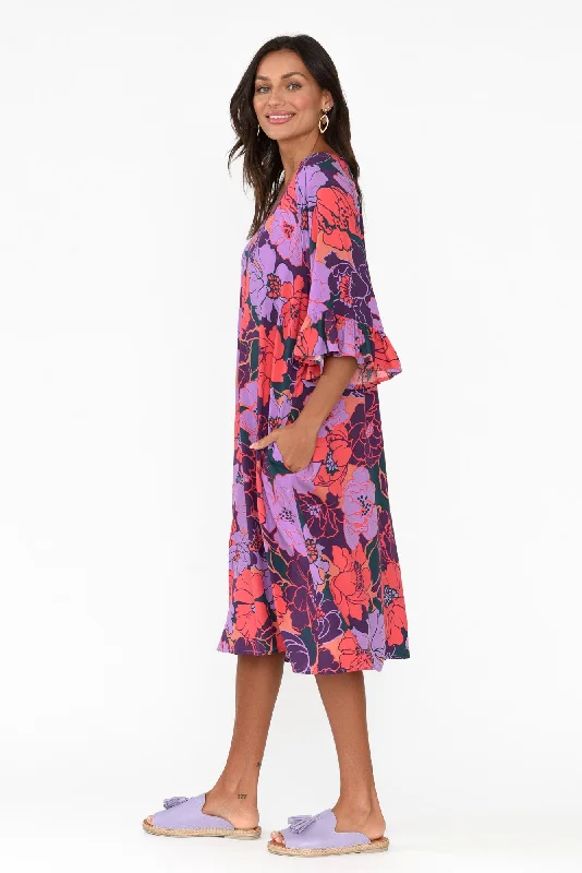 Julien Purple Garden Frill Sleeve Dress