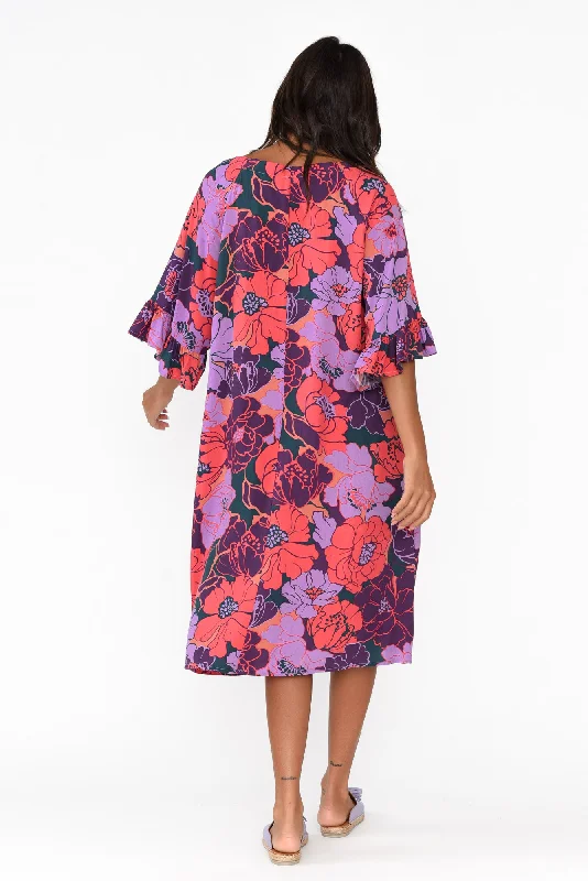 Julien Purple Garden Frill Sleeve Dress