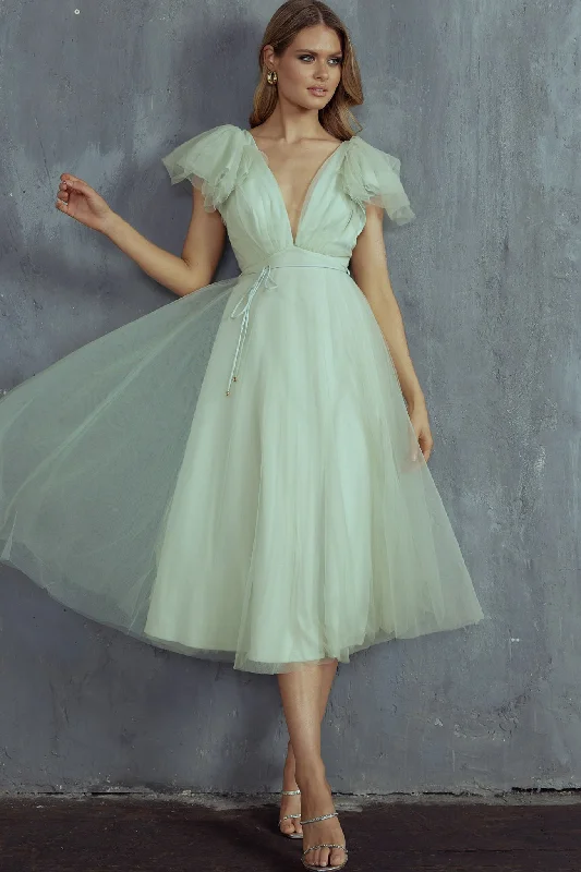 Leap Of Faith Frill Shoulder Tulle Midi Dress Pistachio