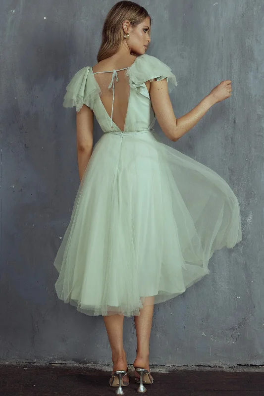 Leap Of Faith Frill Shoulder Tulle Midi Dress Pistachio