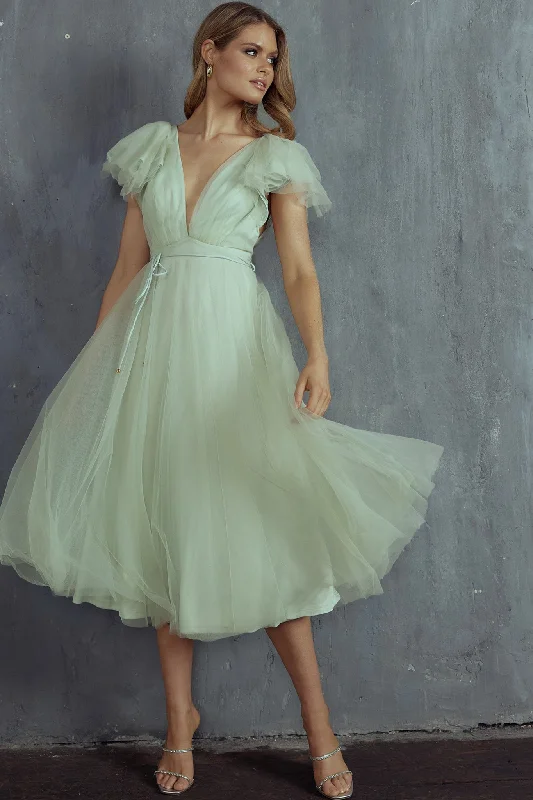 Leap Of Faith Frill Shoulder Tulle Midi Dress Pistachio