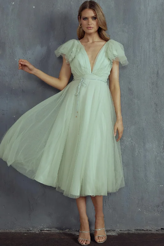 Leap Of Faith Frill Shoulder Tulle Midi Dress Pistachio